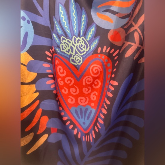 Blue Asymmetrical Frida Kahlo Midi Satin Summer Skirt - Picture 4 of 5